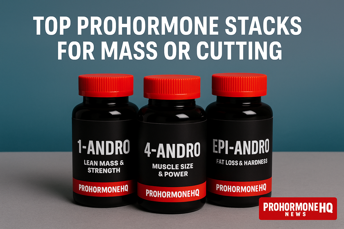 Picture of 3 red and black prohormones bottles with the title Top Prohormones for mass and cutting 