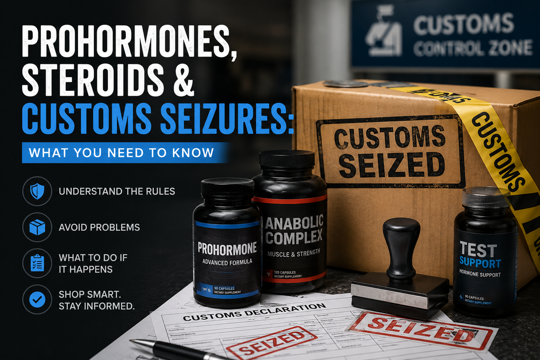 ProhormoneHQ blog image showing supplement bottles, a seized customs package, and import notice paperwork for an article about prohormones, steroids, and customs seizures.