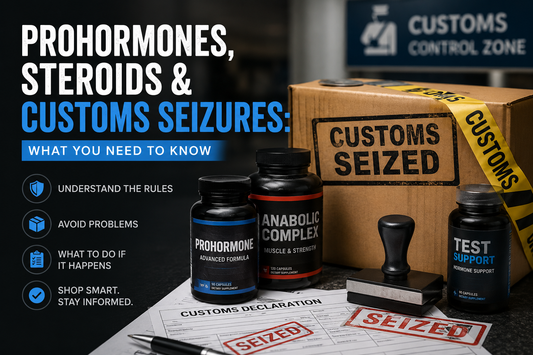 ProhormoneHQ blog image showing supplement bottles, a seized customs package, and import notice paperwork for an article about prohormones, steroids, and customs seizures.