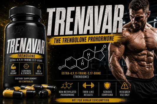 Trenavar Trendione prohormone bottle with chemical structure and bodybuilder illustration, representing the history, pharmacology, effects, and legacy of the trenbolone precursor designer steroid.
