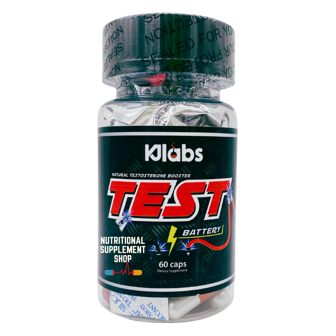KJ Labs Test Battery supplement bottle, a natural testosterone booster with 60 capsules for enhanced strength and vitality.