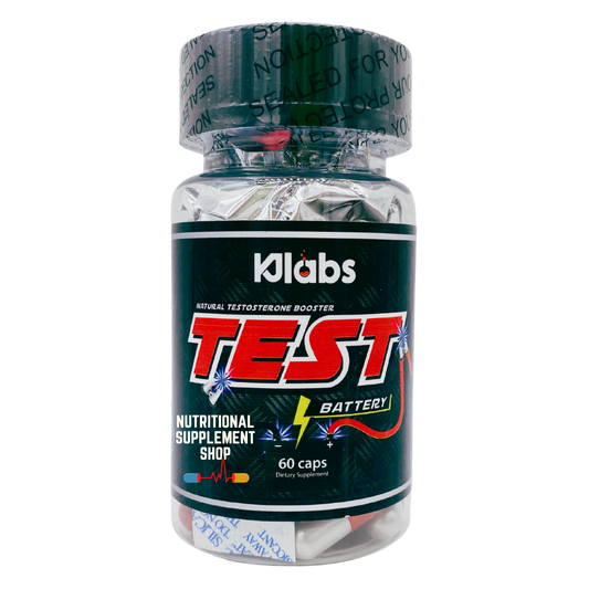 KJ Labs Test Battery supplement bottle, a natural testosterone booster with 60 capsules for enhanced strength and vitality.