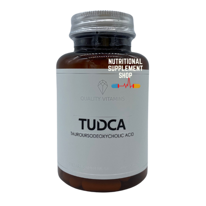 Clear brown bottle of Quality Vitamins TUDCA.
