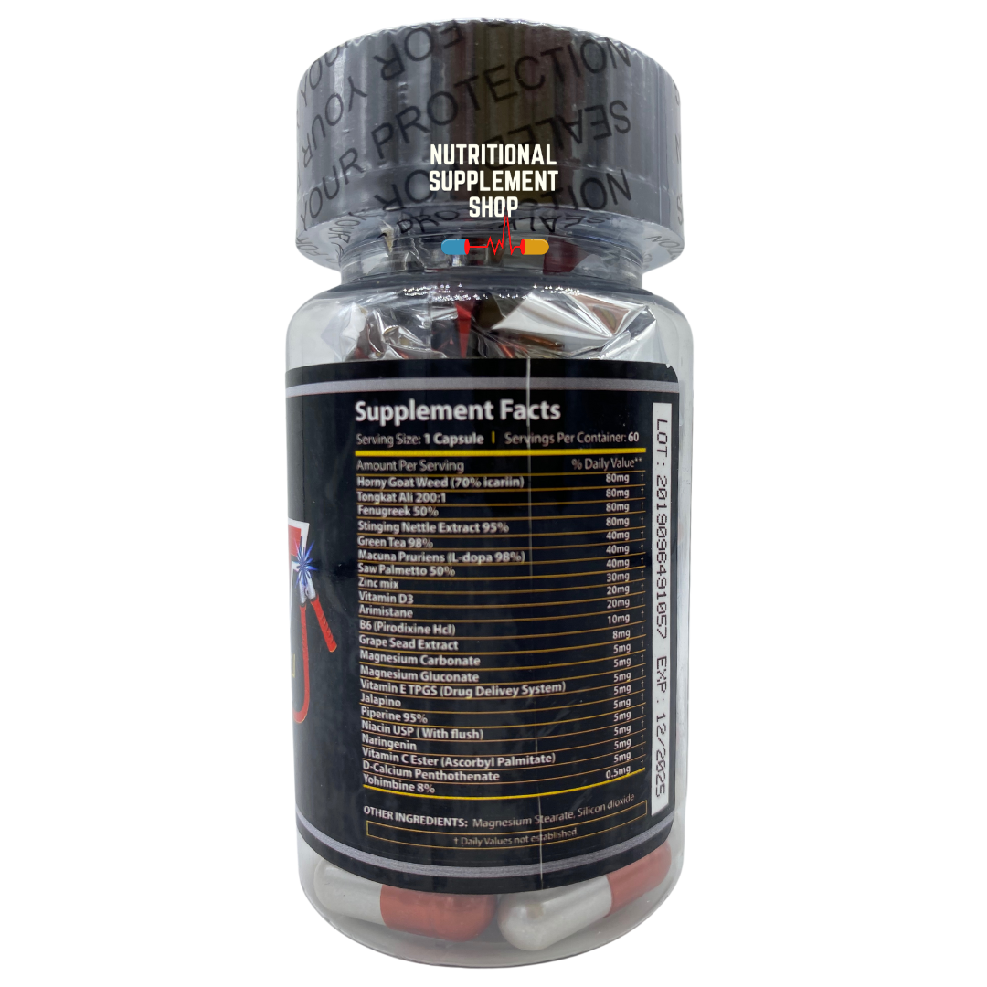 Bottle of KJ Labs Test Battery showing Supplement Facts for natural testosterone enhancement, sealed with 60 capsules.