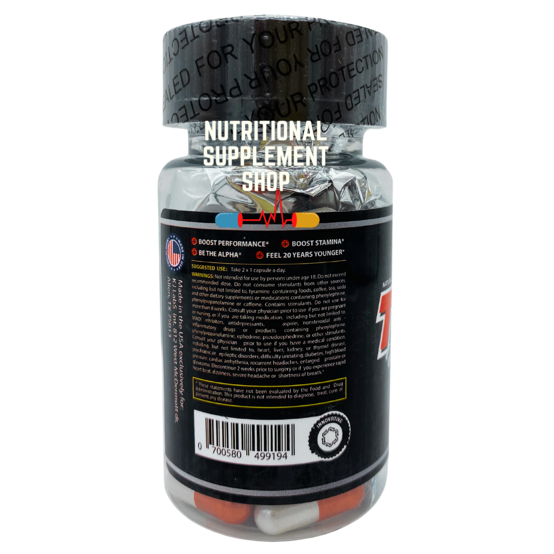 Rear view of KJ Labs Test Battery supplement bottle highlighting claims to boost performance and stamina, with usage directions.