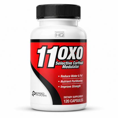 A white plastic bottle of Ergo Pharm 11oxo Selective Cortisol Modulator dietary supplement with a black cap and a red, black, and white label.
