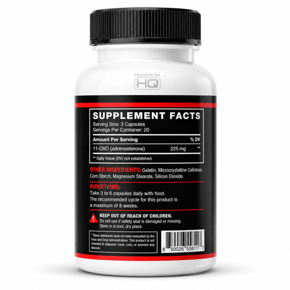 A white supplement bottle with a black cap, showing the back label with supplement facts, red accents, and a barcode on a white background. 11-OXO ingredients.