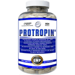Hi-Tech Pharmaceuticals Protropin HGH releaser supplement in a clear bottle with white tablets, designed to increase growth hormone levels and improve sleep quality with 30 servings.