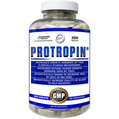 Hi-Tech Pharmaceuticals Protropin HGH releaser supplement in a clear bottle with white tablets, designed to increase growth hormone levels and improve sleep quality with 30 servings.