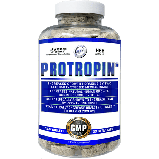 Hi-Tech Pharmaceuticals Protropin HGH releaser supplement in a clear bottle with white tablets, designed to increase growth hormone levels and improve sleep quality with 30 servings.