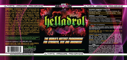 Helladrol supplement label by Innovative Laboratories, featuring the world's hottest prohormone for strength, size, and hardness, with supplement facts, usage directions, and warnings