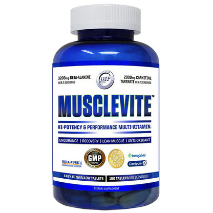 Hi Tech Pharmaceuticals MUSCLEVITE supplement bottle – Hi-Potency & Performance Multivitamin for endurance, recovery, lean muscle, and antioxidant support.