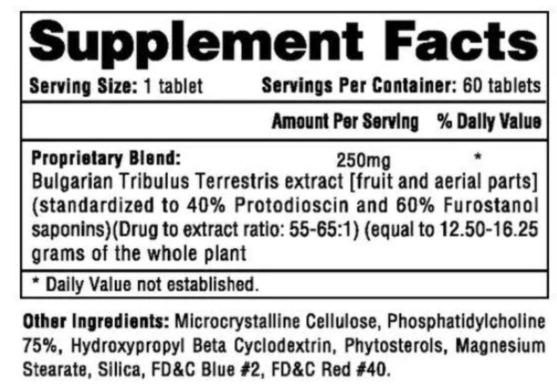 Supplement facts label for Tribesterone by Hi-Tech Pharmaceuticals, detailing a serving size of one tablet with a 250mg proprietary blend of Bulgarian Tribulus Terrestris extract standardized to 40% protodioscin and 60% furostanol saponins