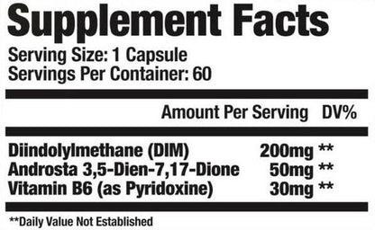 Supplement facts for Sarma-Com Arima DX, featuring 3,5-Diene-7,17-Dione for hormonal balance and testosterone enhancement.