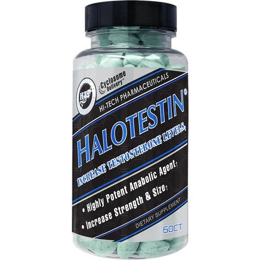 Clear bottle with black top of Halotestin | Strength Gains | Hi-Tech Pharmaceuticals - Supplement Shop