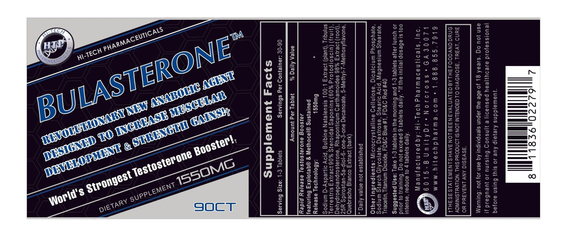Hi-Tech Pharmaceuticals Bulasterone product label featuring details about the anabolic agent designed to increase muscular development and strength gains, with supplement facts and ingredient list for the 90-tablet bottle containing 1550mg per serving.