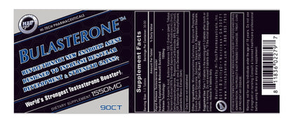 Hi-Tech Pharmaceuticals Bulasterone product label featuring details about the anabolic agent designed to increase muscular development and strength gains, with supplement facts and ingredient list for the 90-tablet bottle containing 1550mg per serving.