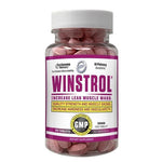 Hi Tech Pharmaceuticals Winstrol clear bottle with white cap and pink tablets. White and pink label.