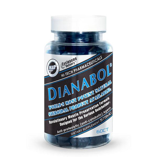 Dianabol dietary supplement bottle by Hi-Tech Pharmaceuticals, labeled as the world's most potent natural steroidal product with benefits for muscle preservation and anti-proteolytic effects