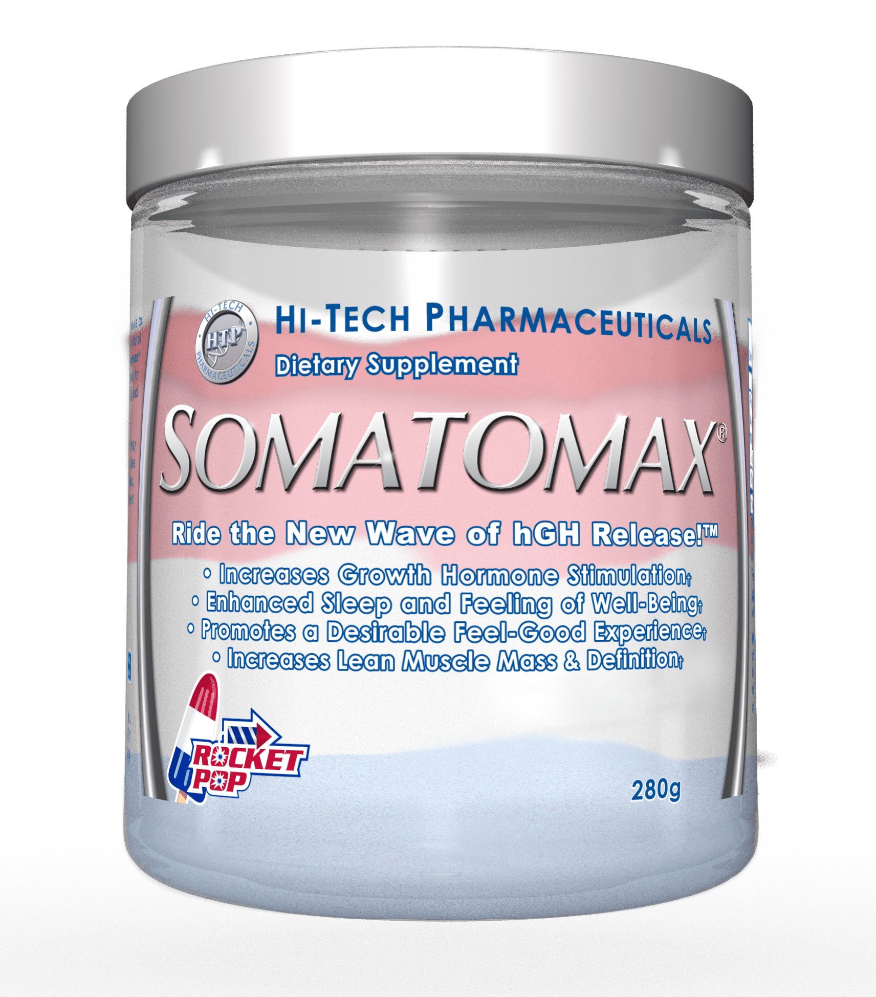 Somatomax dietary supplement by Hi-Tech Pharmaceuticals, featuring Rocket Pop flavor with benefits including increased growth hormone stimulation, enhanced sleep, well-being, and lean muscle mass definition