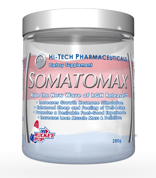 Somatomax dietary supplement by Hi-Tech Pharmaceuticals, featuring Rocket Pop flavor with benefits including increased growth hormone stimulation, enhanced sleep, well-being, and lean muscle mass definition