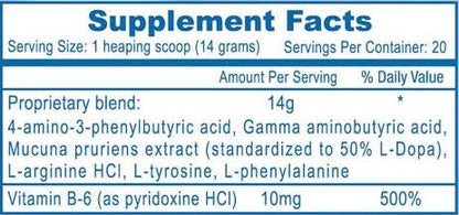 Supplement facts label for Somatomax by Hi-Tech Pharmaceuticals, detailing a serving size of one heaping scoop with a 14g proprietary blend including 4-amino-3-phenylbutyric acid, Gamma aminobutyric acid, Mucuna pruriens extract, L-arginine HCl, L-tyrosine, L-phenylalanine, and 10mg of Vitamin B-6