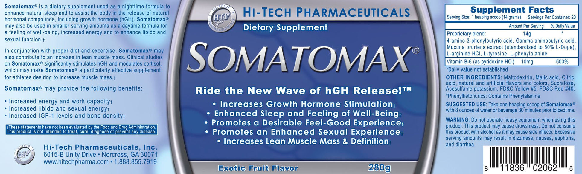 Somatomax dietary supplement label by Hi-Tech Pharmaceuticals, featuring exotic fruit flavor with benefits including increased growth hormone stimulation, enhanced sleep and well-being, improved muscle mass and definition, and a desirable feel-good experience