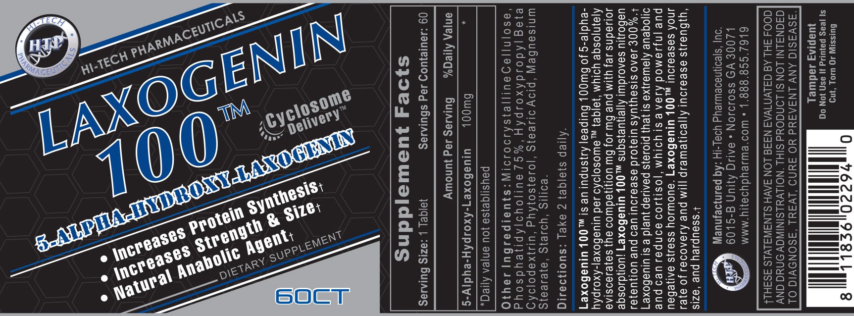 Laxogenin 100 supplement label by Hi-Tech Pharmaceuticals, detailing benefits like increased protein synthesis, strength, and size, with supplement facts and ingredient list