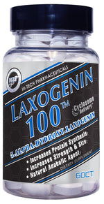 Laxogenin 100 dietary supplement bottle by Hi-Tech Pharmaceuticals, labeled as a natural anabolic agent with benefits including increased protein synthesis, strength, and size