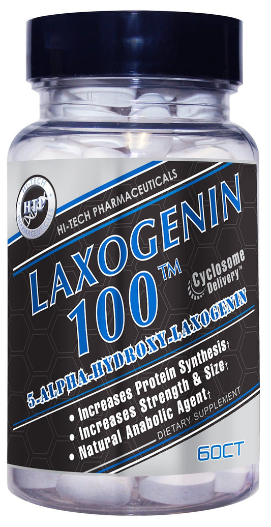 Laxogenin 100 dietary supplement bottle by Hi-Tech Pharmaceuticals, labeled as a natural anabolic agent with benefits including increased protein synthesis, strength, and size