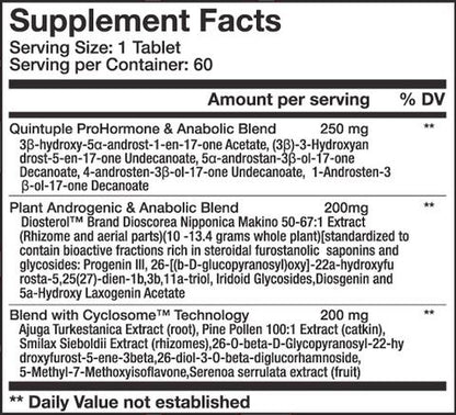 Supplement facts label for Monster Plexx by Innovative Laboratories, detailing a serving size of one tablet with a 250mg quintuple prohormone and anabolic blend, 200mg plant androgenic and anabolic blend, and 200mg blend with Cyclosome Technology