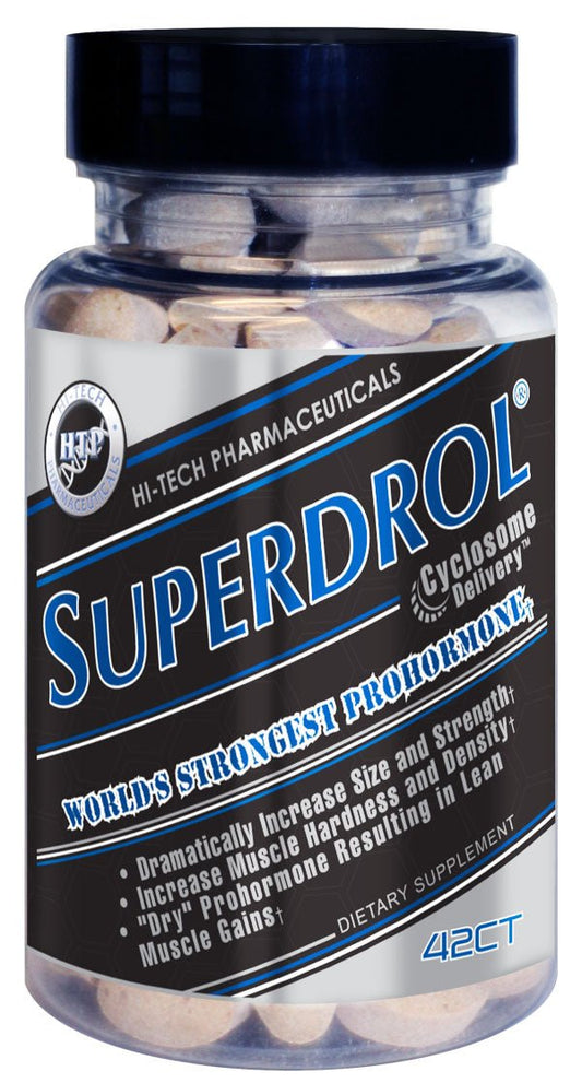 Superdrol dietary supplement bottle by Hi-Tech Pharmaceuticals, labeled as the world's strongest prohormone with benefits including increased size, strength, muscle hardness, and density